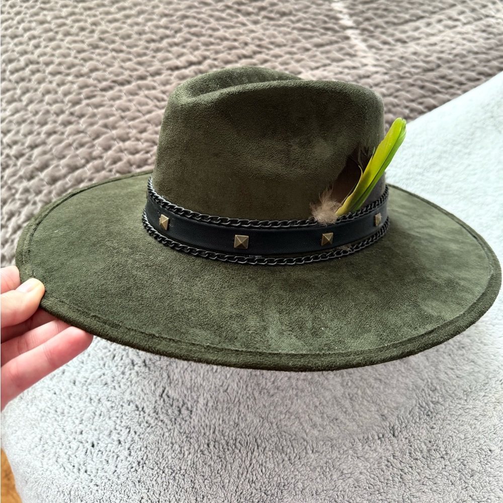 Green Wide Brim Hat with Feather Accent - Picture 2 of 8